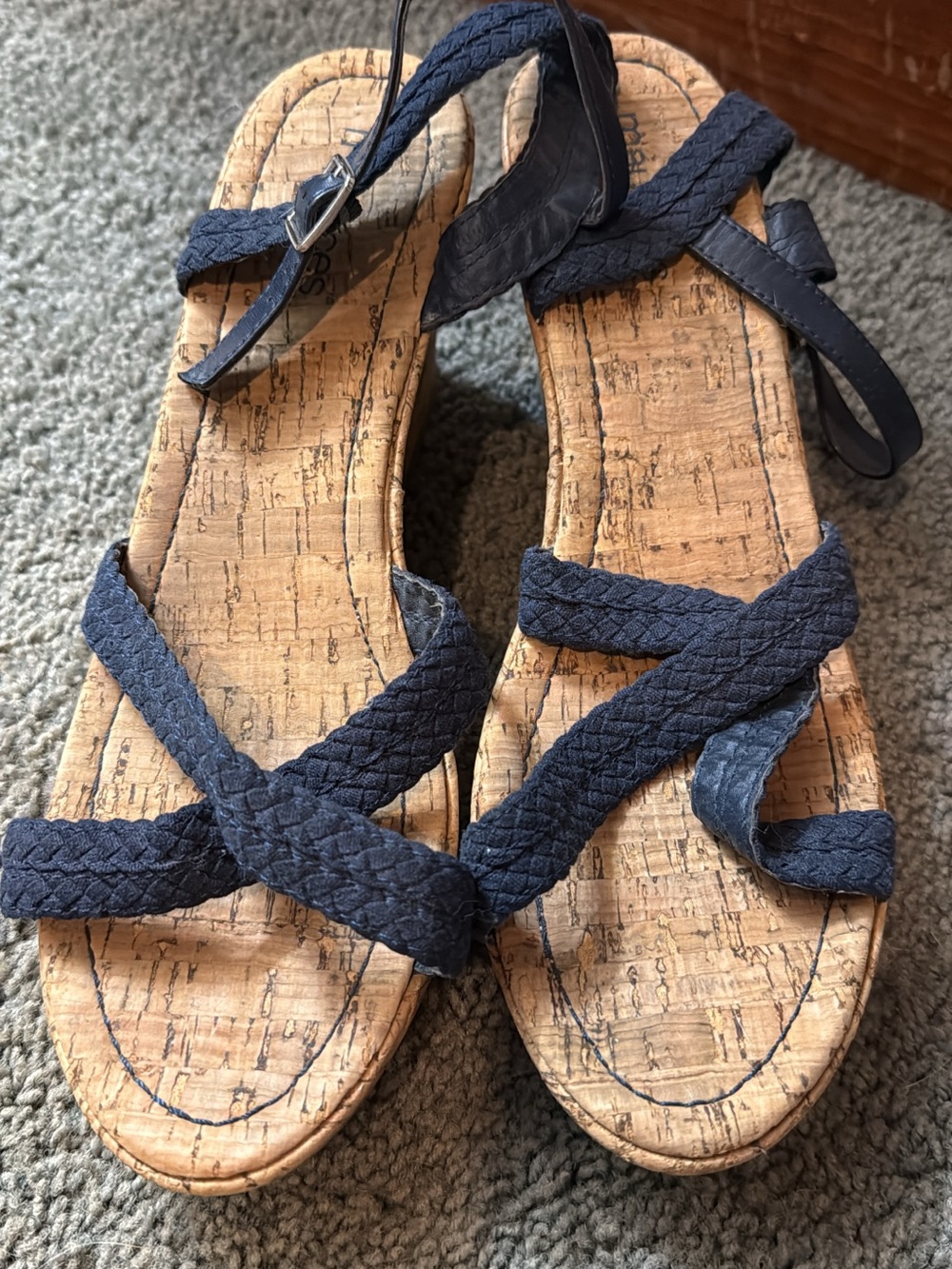Women's Navy Braided Cork Wedge Sandals